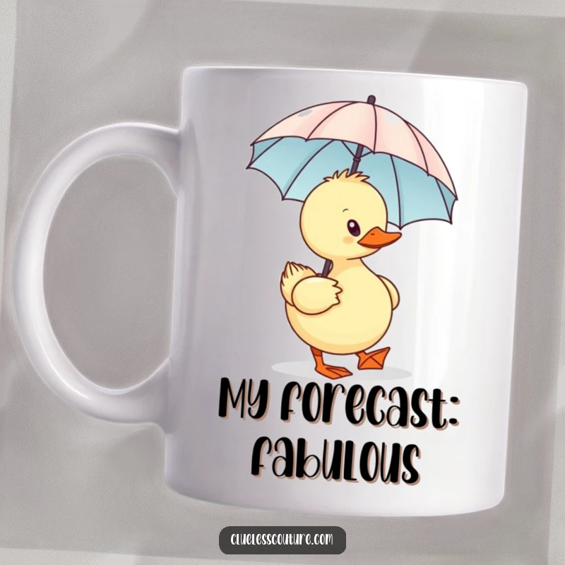 Funny Sassy Duck Mug with a tiny designer umbrella, waddling confidently, exuding attitude, perfect for a humorous gift.