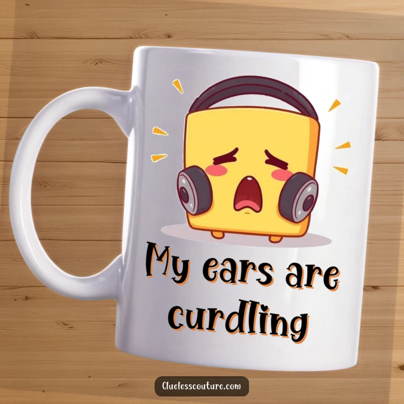 Funny mug featuring a startled cheese block with giant headphones, eyes wide, reacting to booming loud music with a comical expression.