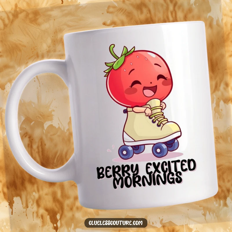 Funny giggling strawberry character attempting to ride a runaway roller skate, a humorous mug for fun.