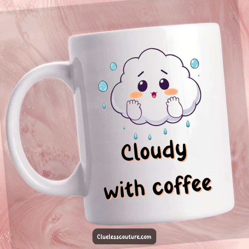 Funny mug featuring a surprised cloud comically attempting to juggle raindrops with its fluffy hands, symbolizing playful weather mischief.