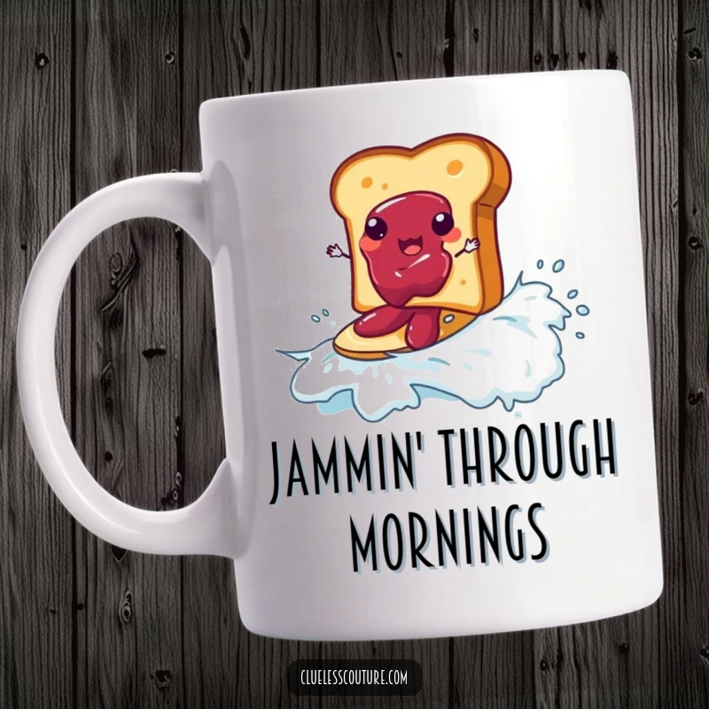 Funny mug with a piece of toast surfing on a giant wave made of jam, a delicious and humorous breakfast scene.