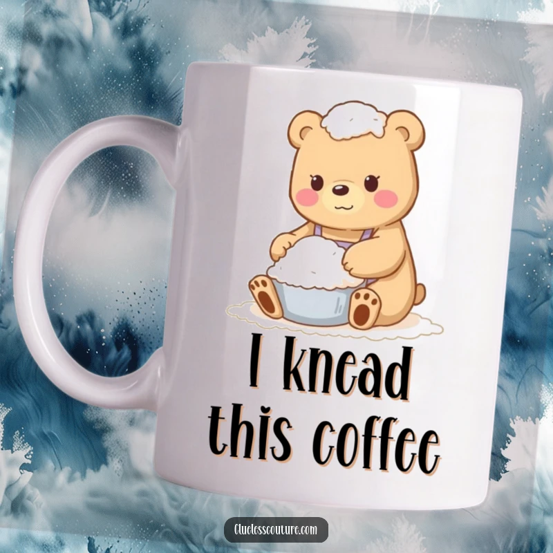 Funny mug showcasing a bear completely covered in flour from a baking attempt, looking bewildered and messy.
