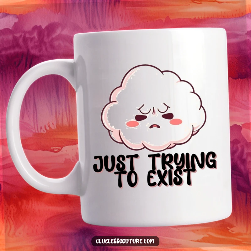 Funny mug featuring a nervous cloud character struggling to form a recognizable shape, symbolizing indecision and anxiety, a funny gift.