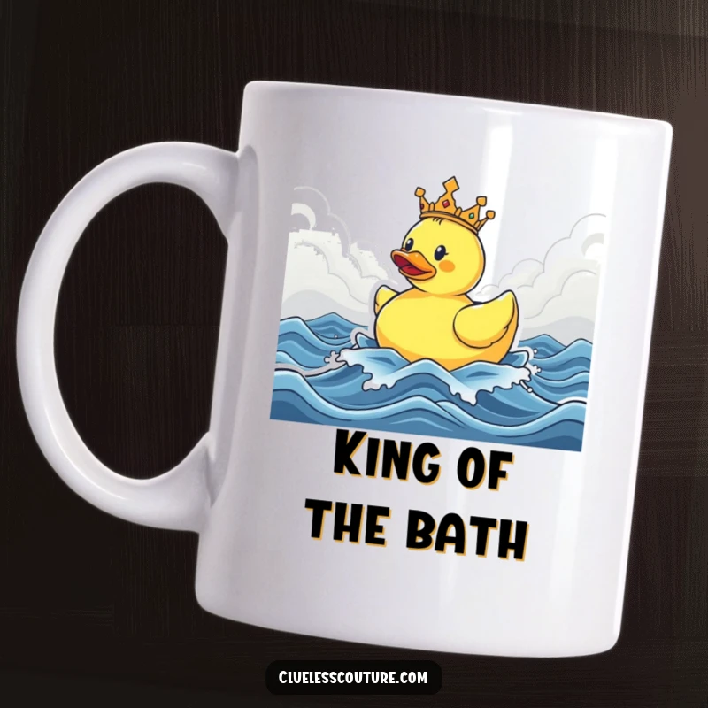 Funny mug with a crowned rubber ducky triumphantly floating on stormy seas, symbolizing inner strength and bath-time glory.
