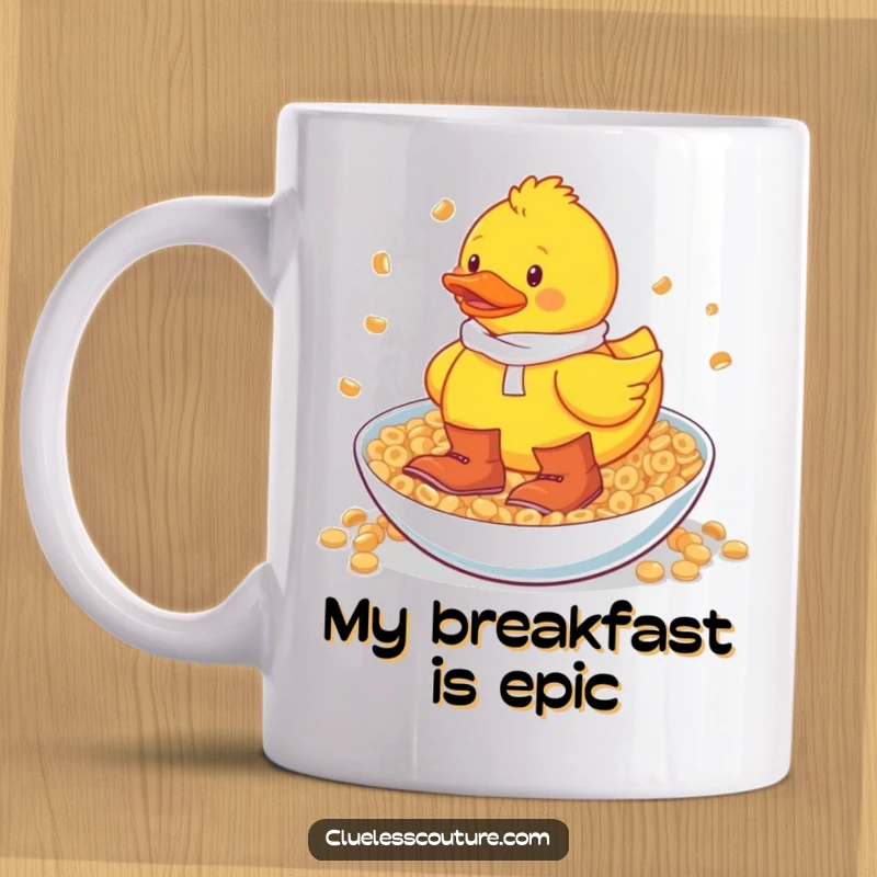 Funny rubber duck wearing oversized boots wading through a giant bowl of cereal on a mug, capturing breakfast chaos.