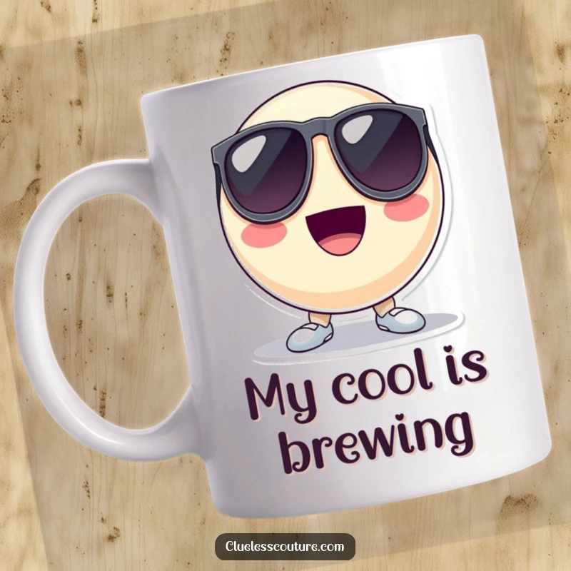 Funny mug featuring a bouncing ball character wearing oversized sunglasses and looking incredibly cool and collected, a stylish humorous design.