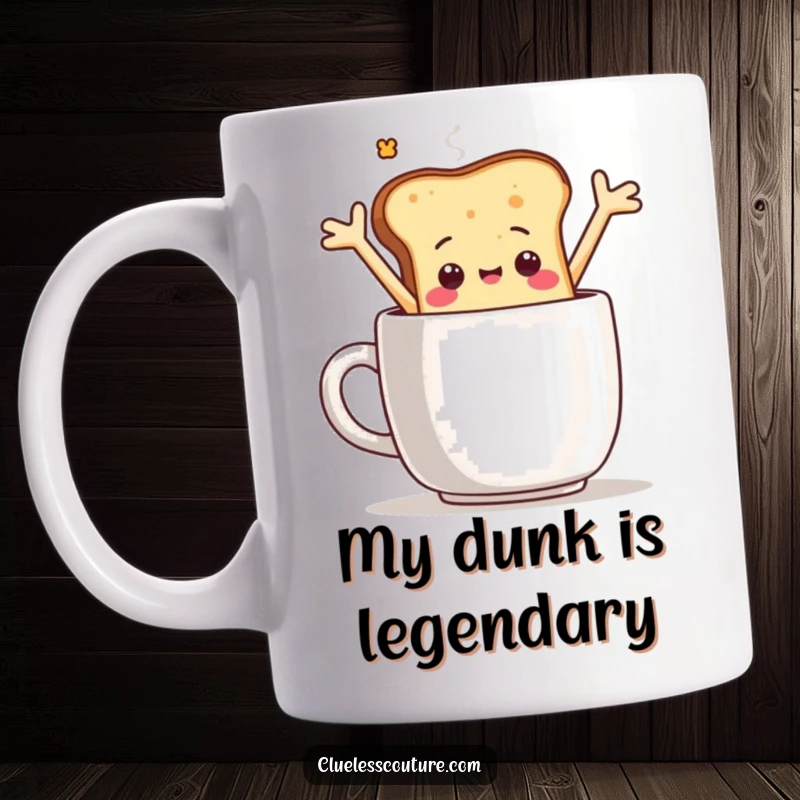 Funny mug featuring a sentient toast slice character dramatically falling into a giant coffee mug, arms flailing, a humorous breakfast design.