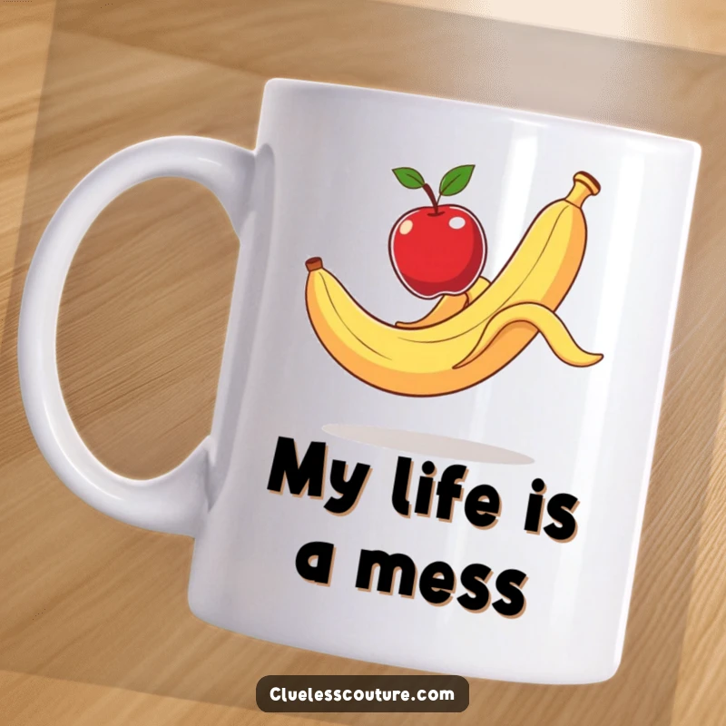 Funny Mug: A banana peel comically slips on itself, launching an apple into the air, perfect for a laugh.