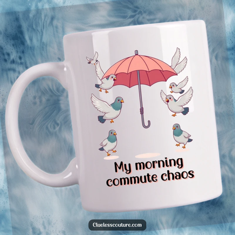 Funny surprised pigeons attempting to fly in opposite directions from a single, tiny umbrella, showcasing avian absurdity on this mug.