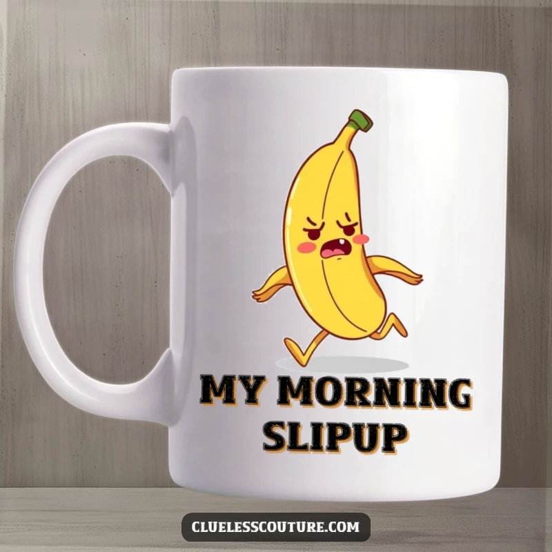 Funny banana character tripping on its own peel while running, a hilarious kitchen mug for a good laugh.