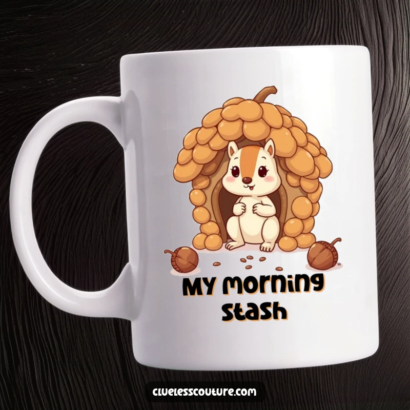 Funny squirrel hilariously attempts to build a house using oversized acorns, on a mug, perfect for a funny gift.
