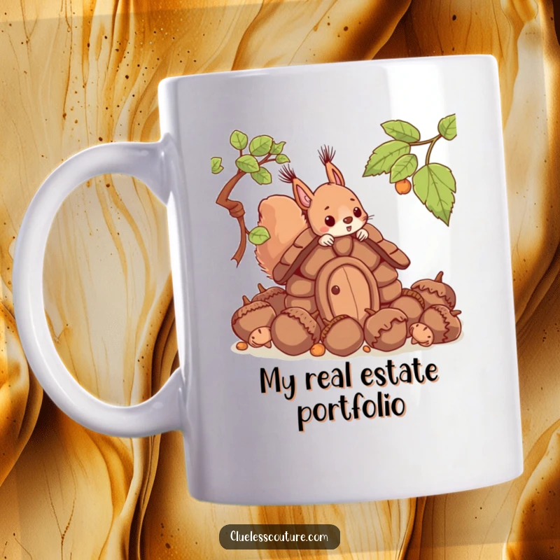 Funny mug featuring a determined squirrel struggling to build a house using oversized acorns, looking comically overwhelmed but hopeful.