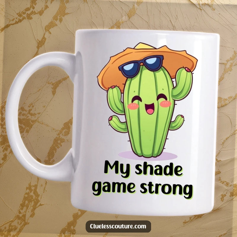 Funny mug featuring a cheerful cactus character in a ridiculously oversized sun hat, ready for a sunny day adventure.
