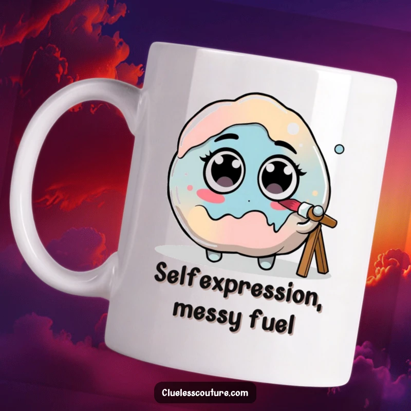 Funny mug showing a blob of paint with googly eyes hilariously attempting to paint its own form with a brush.