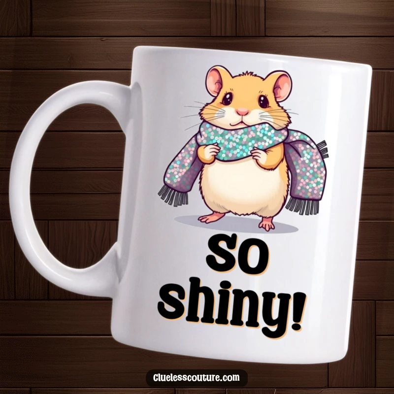 Funny mug with a nervous hamster confidently walking a fashion runway, adorned with a giant sequined scarf, looking fabulous and slightly worried.