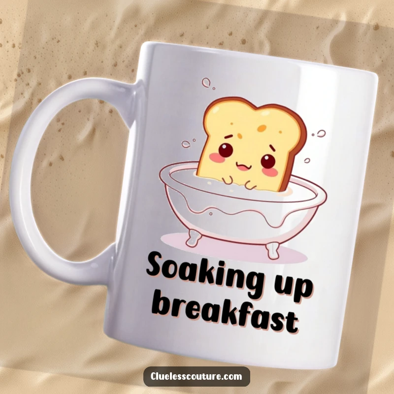 Funny mug showing a bewildered piece of toast floating comically in a bathtub filled with milk, looking utterly confused.