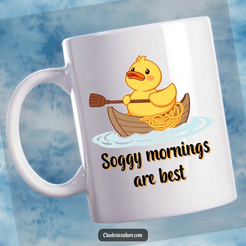 Funny confused rubber duck character trying to paddle a boat made of spaghetti, cartoon style, on a mug.