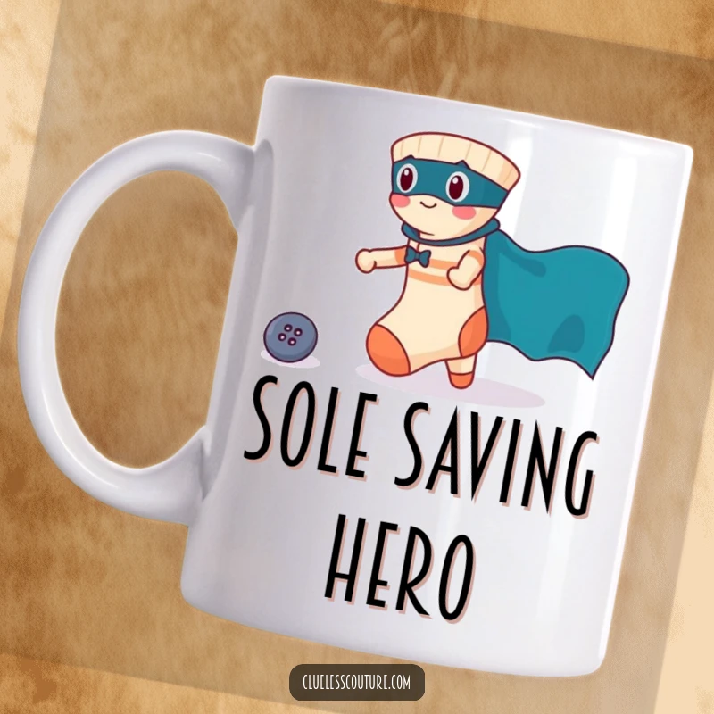 Funny mug showcasing a brave little sock wearing a superhero cape, rescuing a lost button, symbolizing everyday heroism and humor.