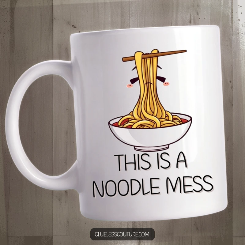 Funny mug featuring confused chopsticks hilariously failing to eat spaghetti, showcasing a relatable and comical dining mishap.
