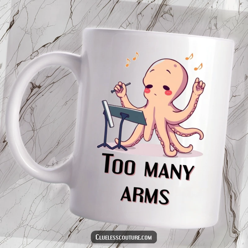 Funny mug showing a confused octopus with multiple arms flailing, attempting to conduct a chaotic orchestra.