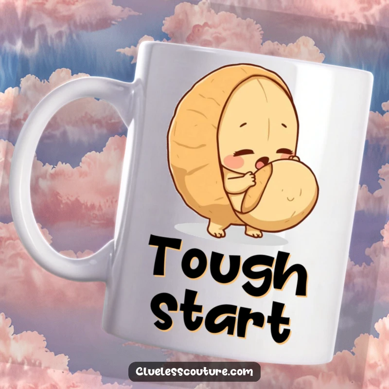 Funny mug with a determined peanut heroically attempting to crack a much larger nut.