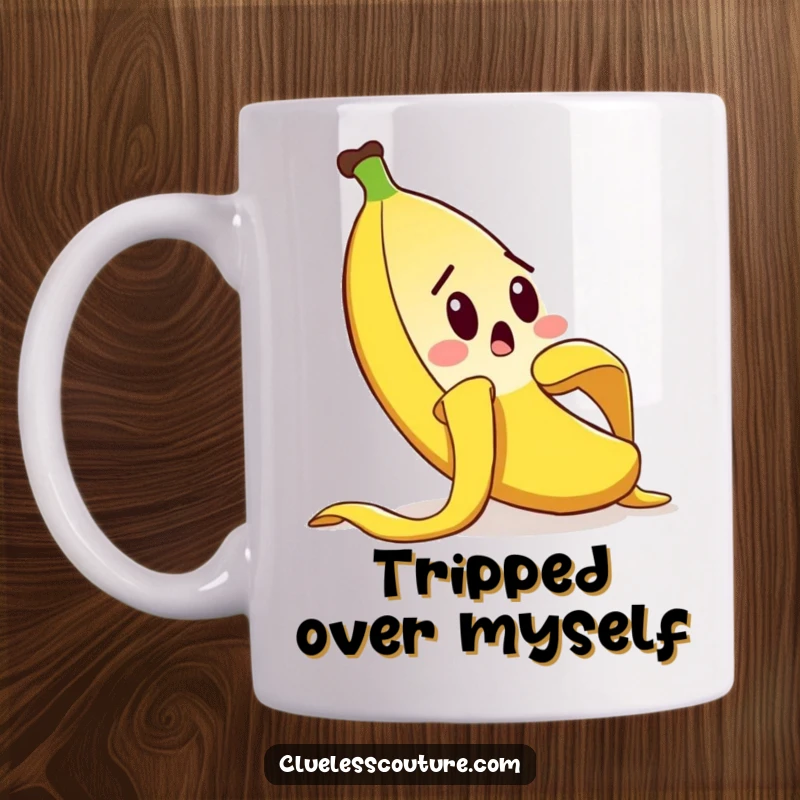 Funny mug featuring a surprised banana peel character comically slipping on its own peel, a hilarious moment of slapstick, a funny gift.
