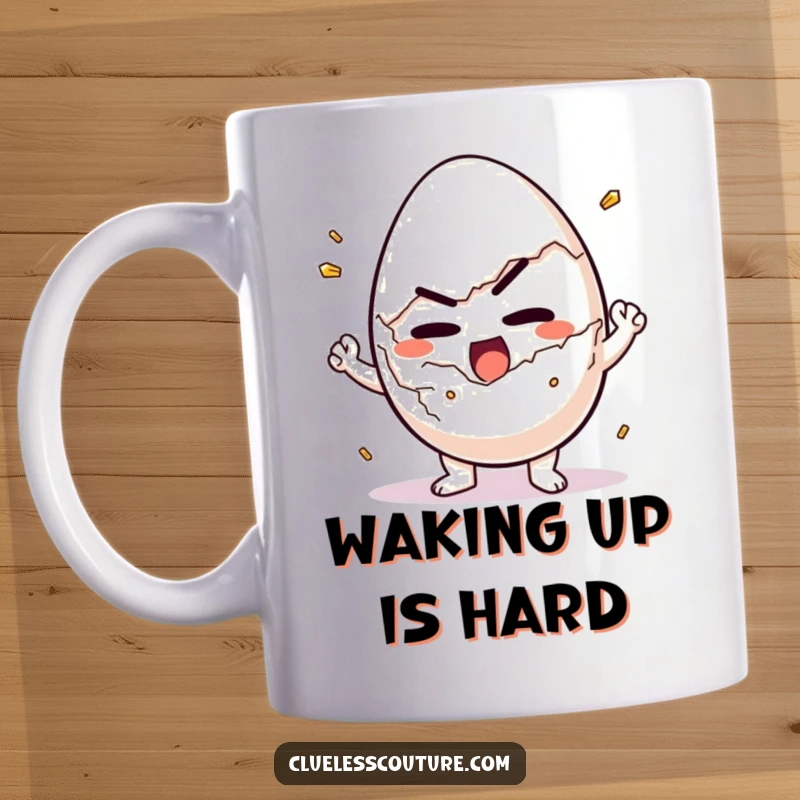Funny mug featuring a determined egg character struggling intensely to crack itself open for a breakfast meal.