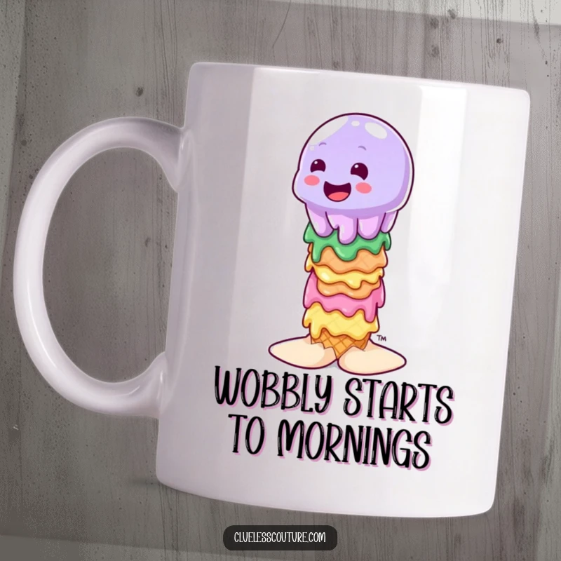 Funny wobbly jelly character attempting to balance on a stack of melting ice cream cones, cartoon style, on a mug.
