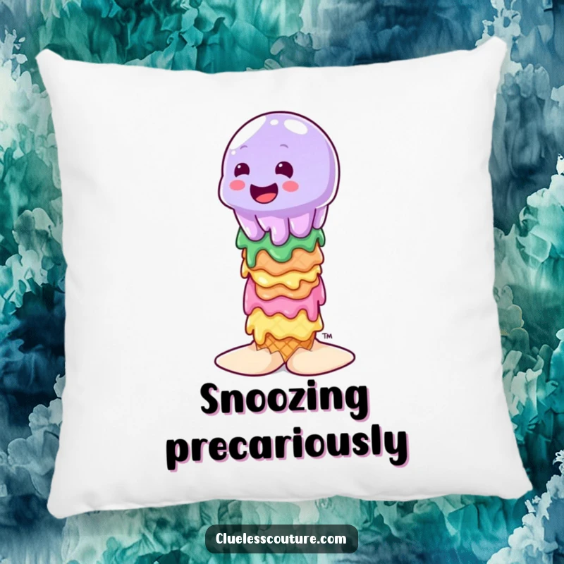Funny wobbly jelly character attempting to balance on a stack of melting ice cream cones, soft plush pillow for comfort.