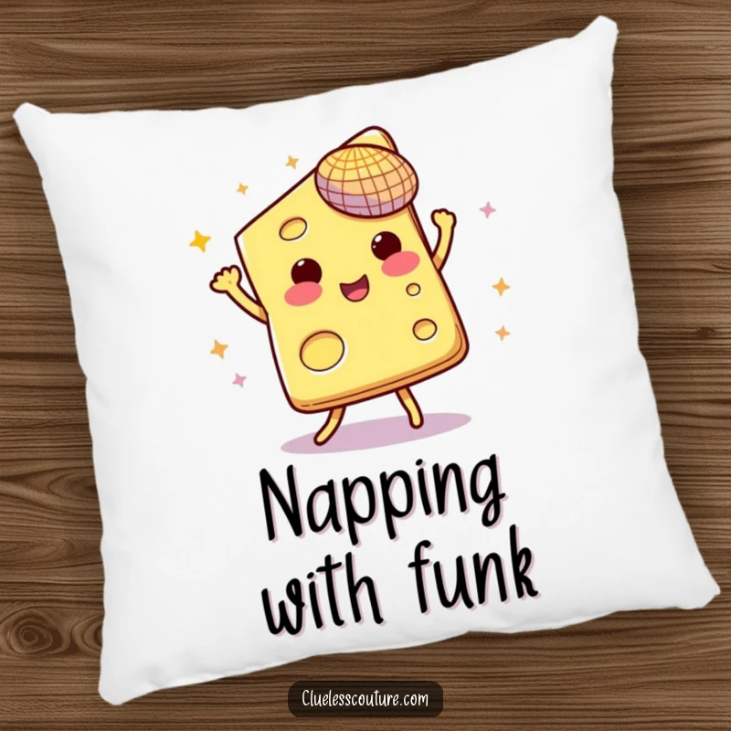 Funny pillow featuring a slice of cheese grooving to music under its own tiny disco ball.