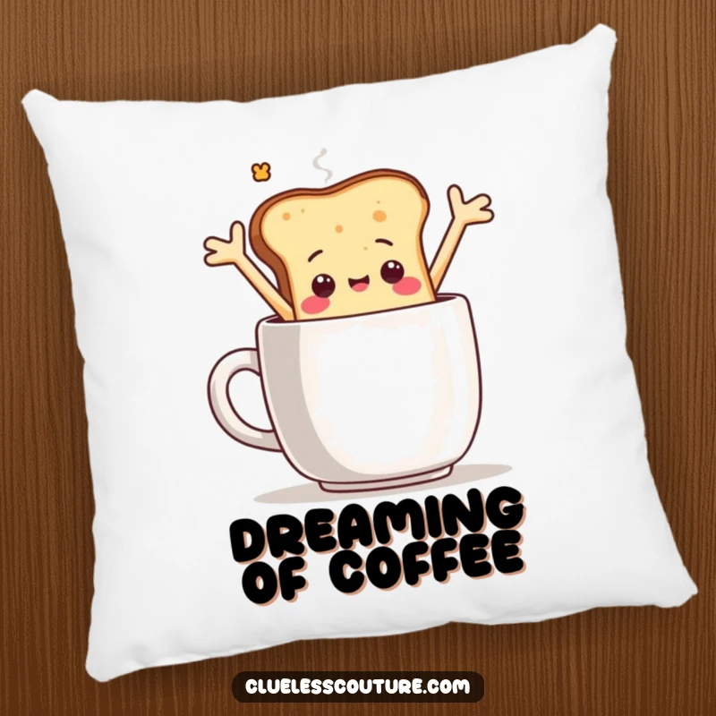 Funny pillow featuring a sentient toast slice character humorously falling into a coffee mug, providing comfort and a breakfast-themed humorous touch.