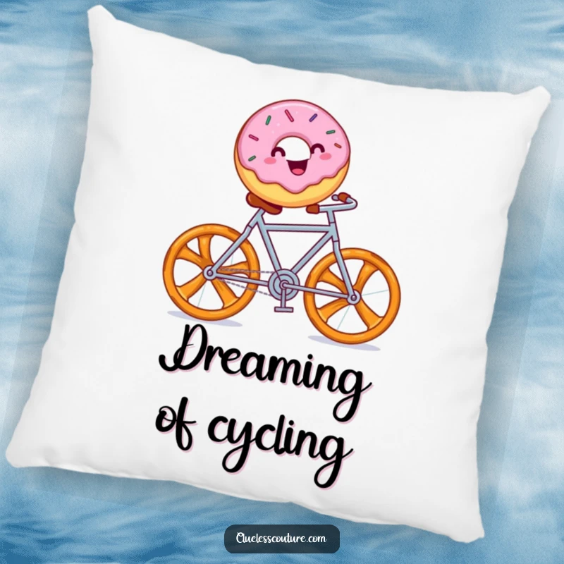 Funny pillow with a cheerful donut with sprinkles riding a pretzel bicycle, cozy and whimsical decor.
