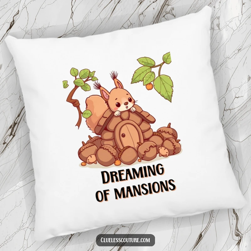 Funny pillow design showing a squirrel's funny struggle to build a house using oversized acorns, a cute and humorous home accent.
