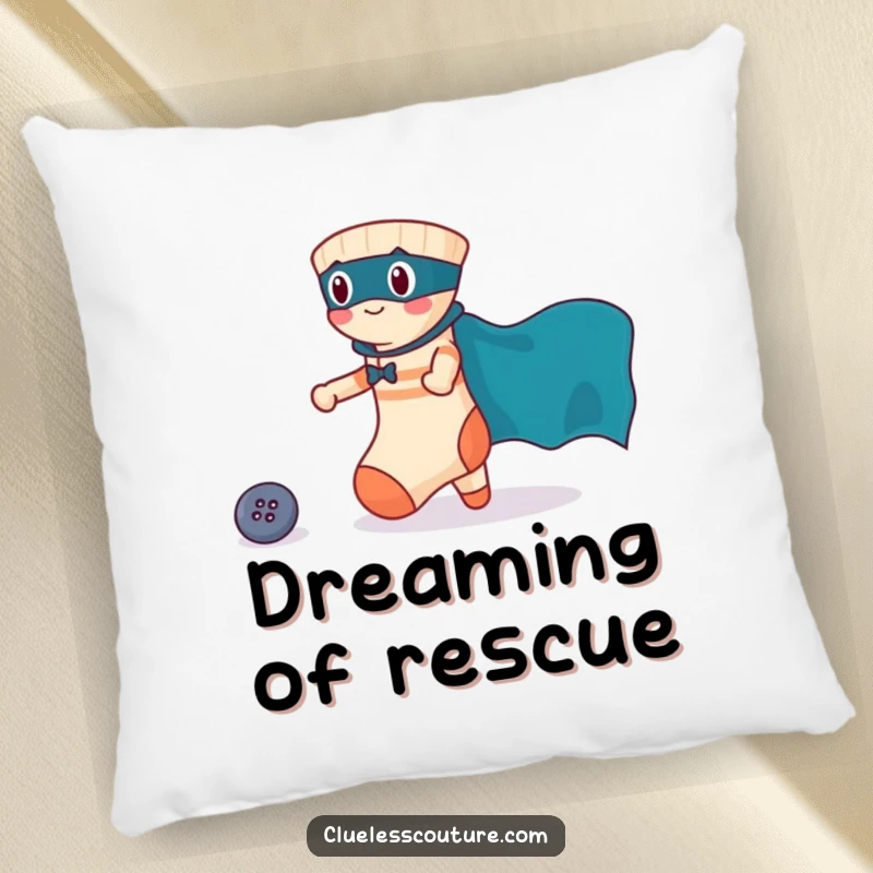 Funny pillow featuring a brave sock in a superhero cape rescuing a lost button, providing comfort and a touch of whimsy.