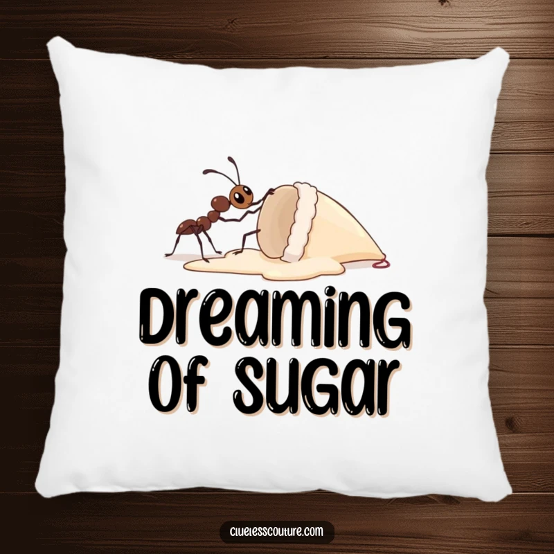 Funny pillow depicting a determined ant attempting to lift a massive ice cream cone, a cozy and humorous symbol of great effort.