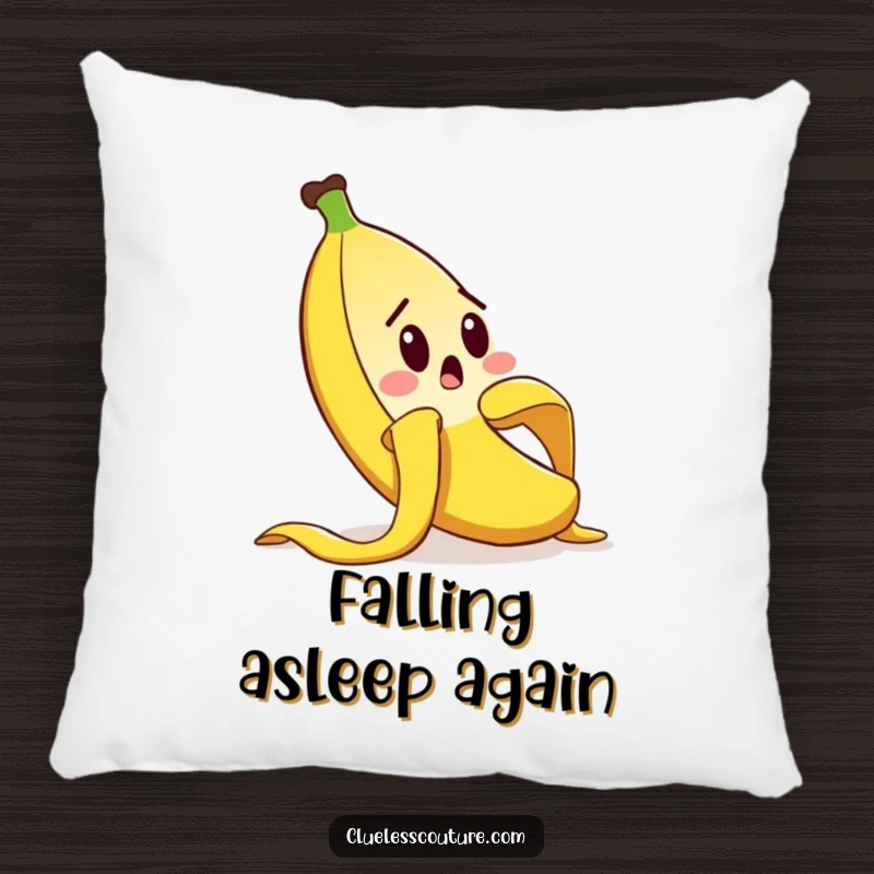 Funny pillow featuring a surprised banana peel comically slipping on itself, perfect for adding cartoonish fun, a funny gift.