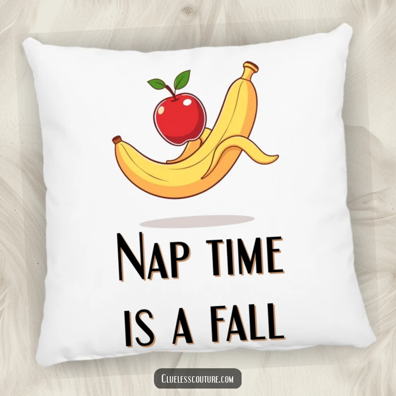 Funny Pillow: A banana peel comically slips, launching an apple, injecting humor and silliness into decor.