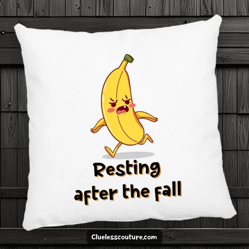 Funny banana character tripping over its peel while running, a soft and humorous decorative pillow.
