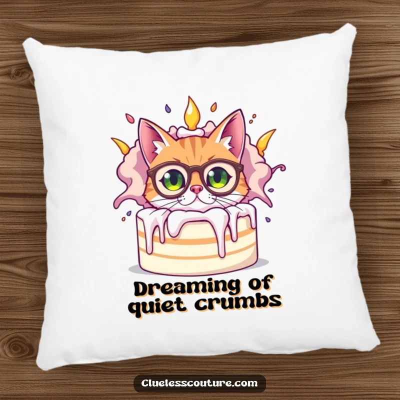 Funny bewildered cat wearing oversized spectacles peeking from behind a giant, exploding cake, adding cozy humor to this decorative pillow.