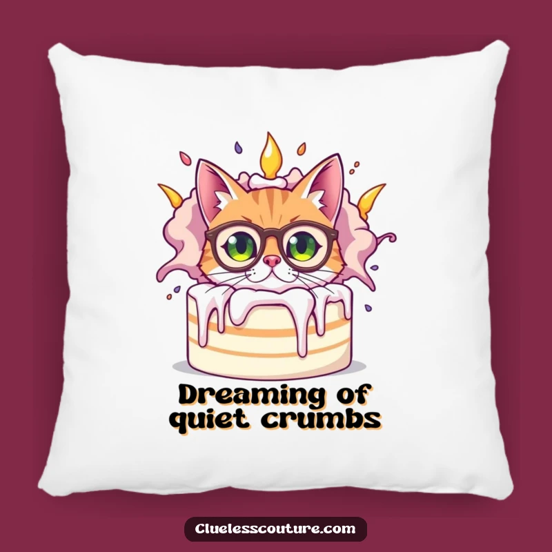 Funny Bewildered Cat Pillow, Cozy Cake Chaos, Soft & Humorous Accent
