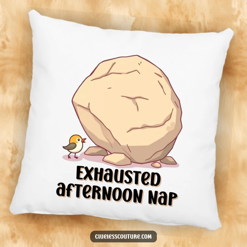 Funny pillow showcasing a small bird hilariously trying to push a giant boulder uphill, offering comfort and motivation.