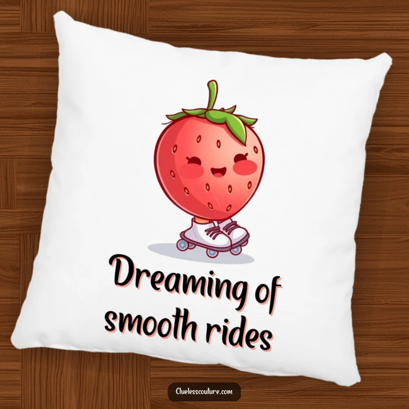 Funny pillow with a blushing strawberry wearing tiny roller skates and wobbling uncontrollably, offering comfort and a touch of lighthearted humor.