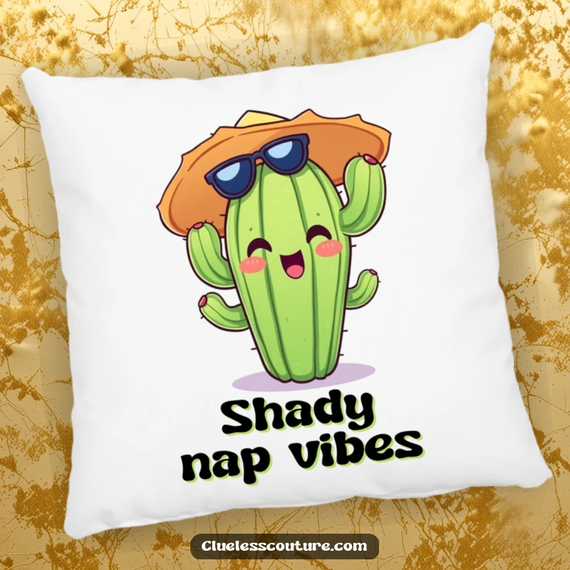Funny pillow featuring a happy cactus character wearing a spectacularly oversized and funny sun hat.