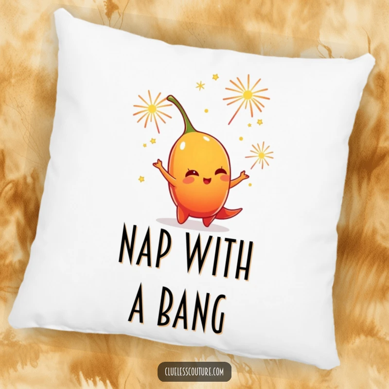 Funny pillow depicting a chili pepper character juggling small, sparkling fireworks, bringing a festive and humorous feel.