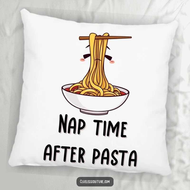 Funny pillow decorated with confused chopsticks struggling to eat spaghetti, offering comfort and humor for home decor.