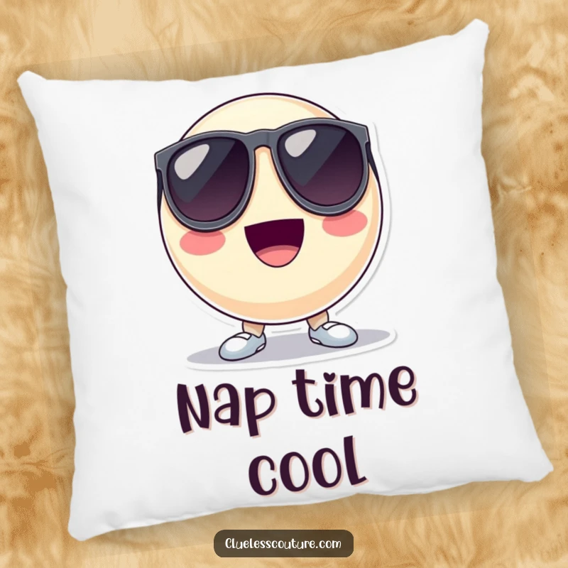 Funny pillow featuring a bouncing ball character wearing oversized sunglasses and looking cool, providing comfort and a stylish humorous touch.