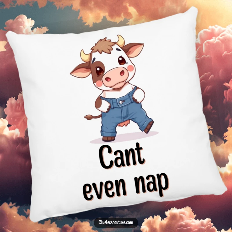 Funny pillow with a bewildered cow hilariously attempting to fit into skinny jeans, a soft and humorous decorative accent for any room.