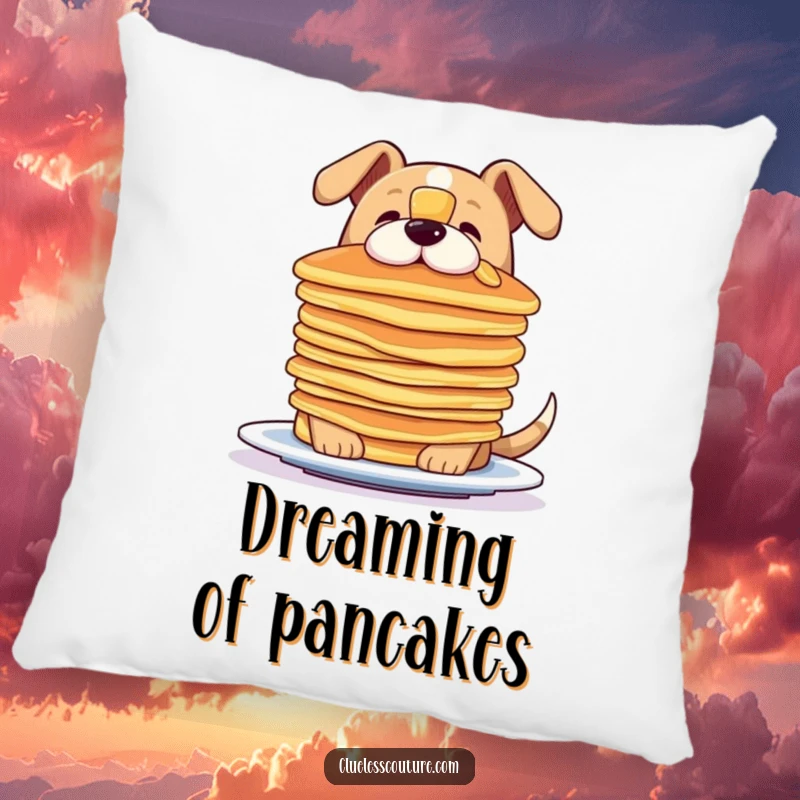 Funny pillow showcasing a dog's comical attempt to balance a tall stack of pancakes on its nose.
