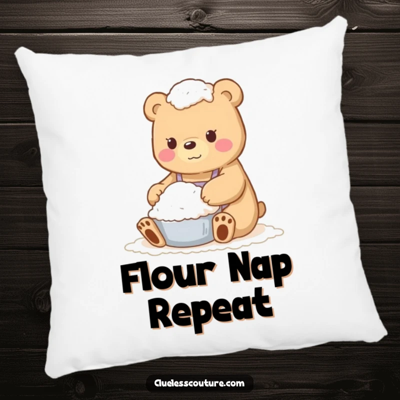 Funny pillow showcasing a bear absolutely covered in flour from a baking attempt, adding humor to any space.
