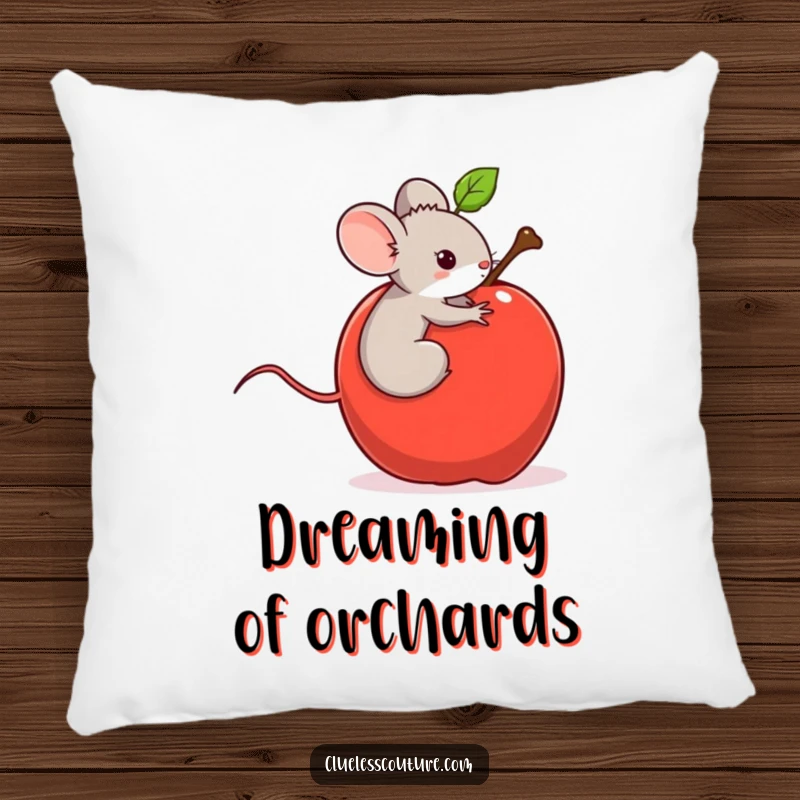 Funny pillow featuring a tiny mouse on a runaway rolling apple, a cozy and humorous accent for any room.